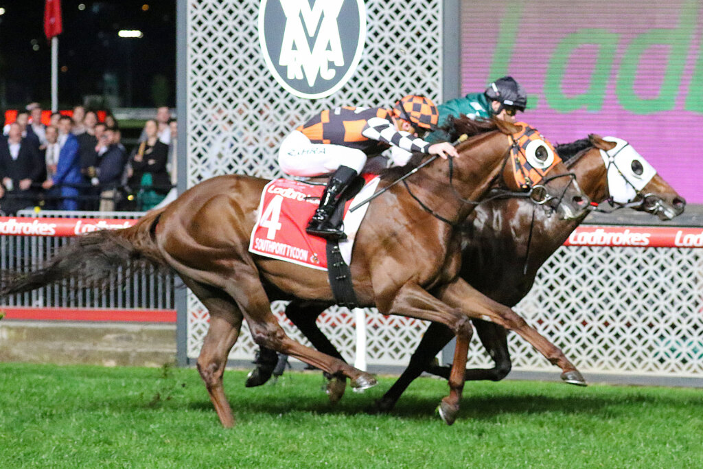 Southport Tycoon winning the 2024 Manikato Stakes at Moonee Valley