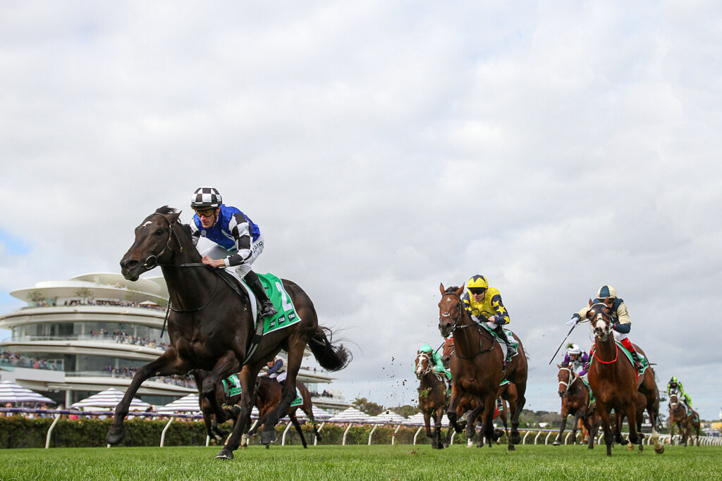 Gold Trip winning the 2023 Turnbull Stakes at Flemington