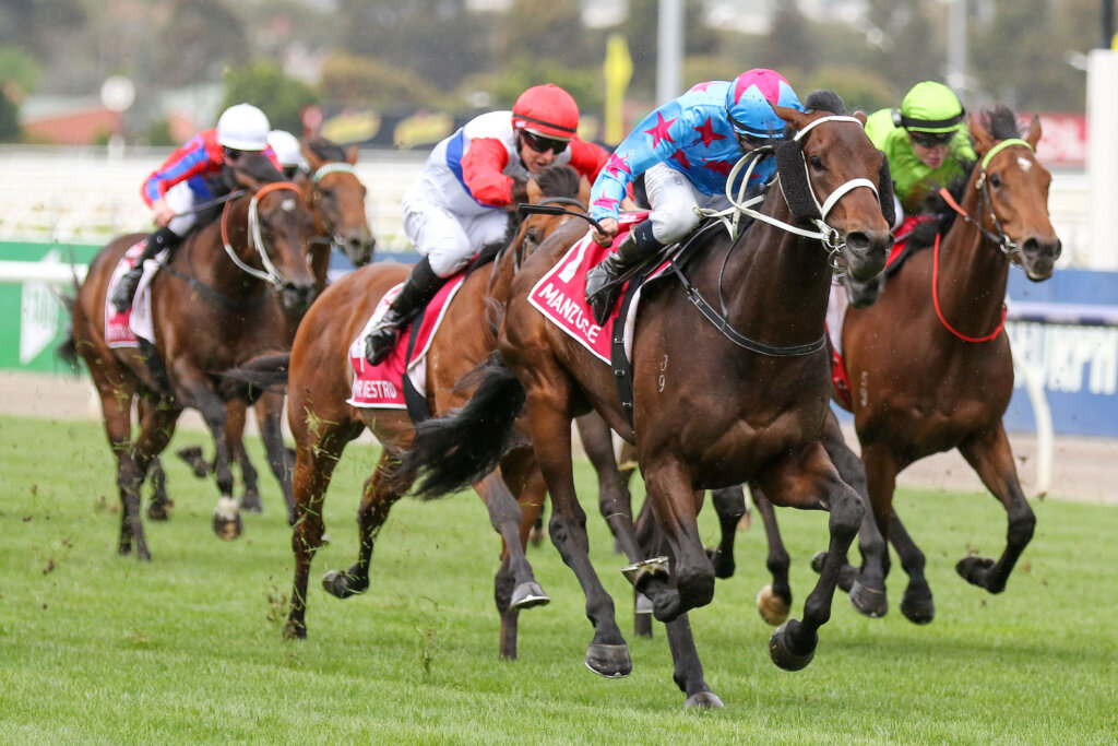 Manzoice winning the 2022 VRC Derby race at Flemington
