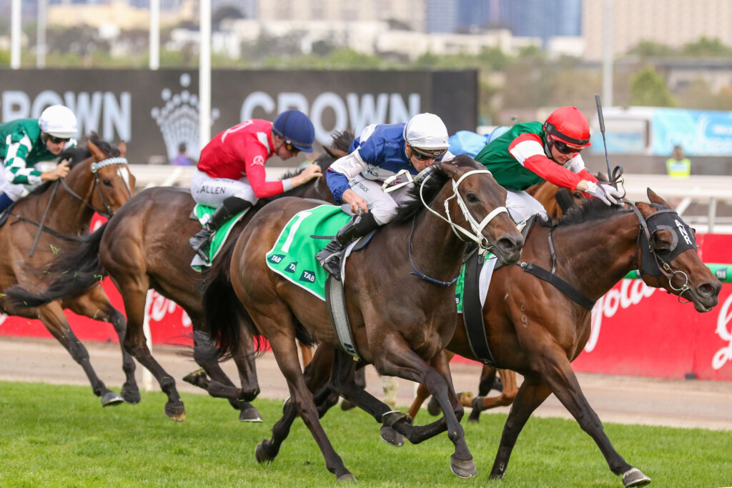 Atishu winning the 2024 Empire Rose Stakes at Flemington over the Melbourne Cup Carnival