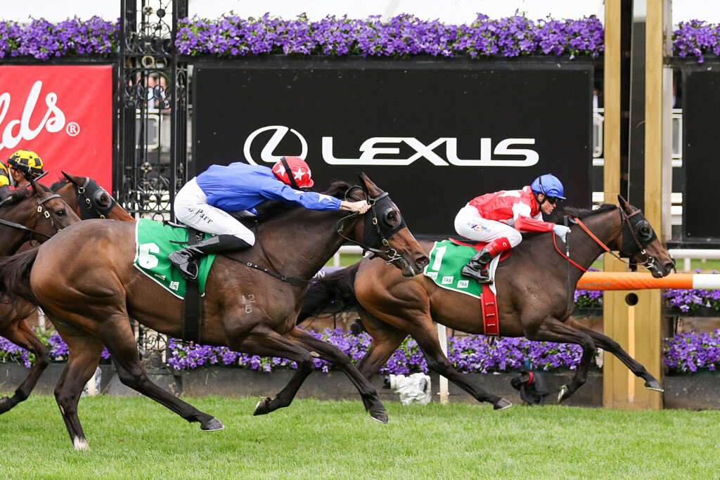 Icebath winning the 2022 Empire Rose Stakes at Flemington, Melbourne