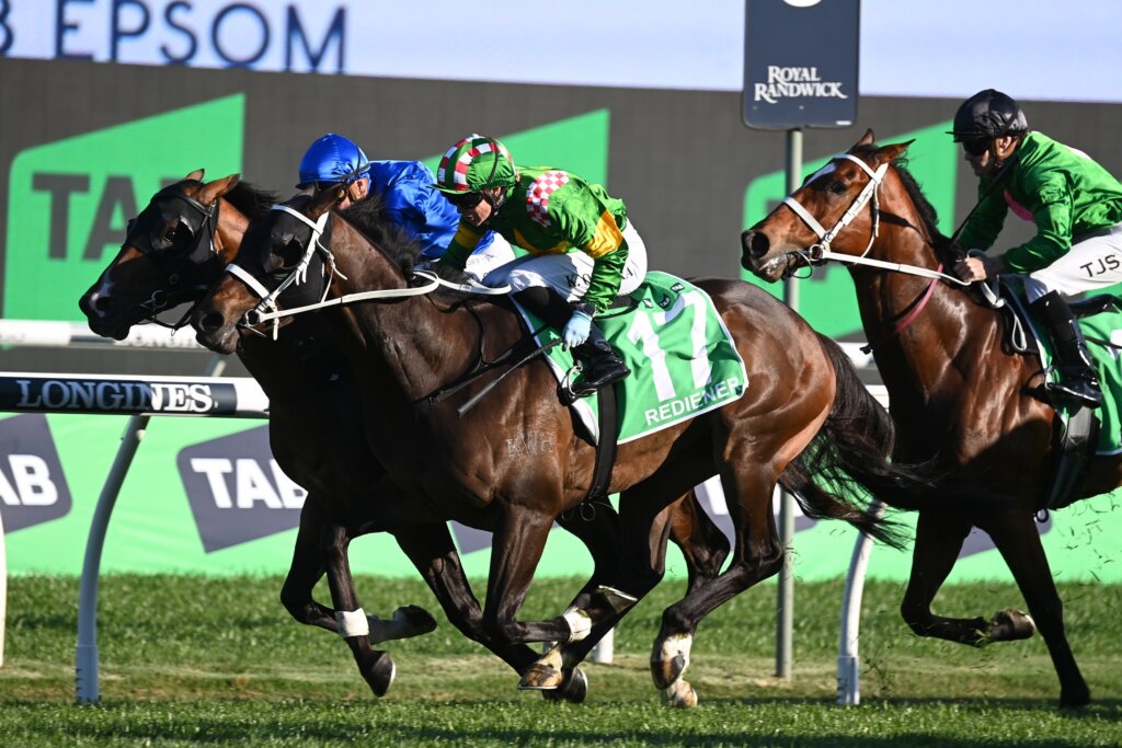 Rediener winning the 2023 Epsom Handicap at Randwick