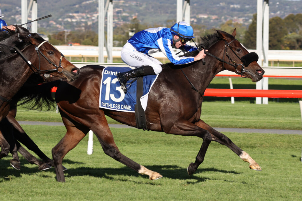 Ruthless Dame winning the 2023 Robert Sangster Stakes at Morphettville